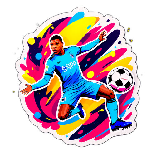 Sticker av Kylian Mbappé i full rörelse med en fotboll