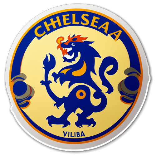 Kunstnerisk repræsentation af Chelseas logo med baggrund af Stamford Bridge