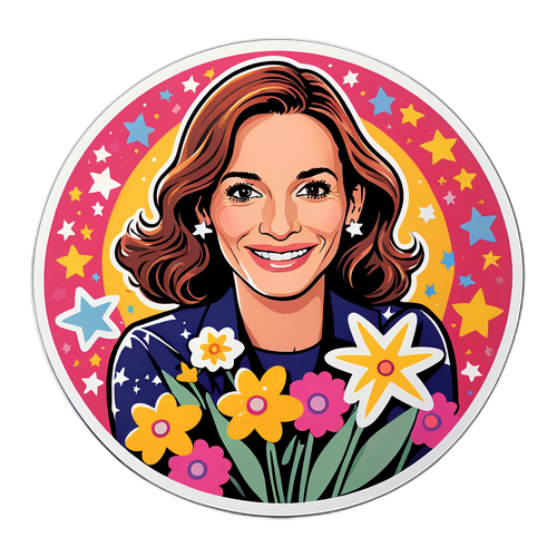 Illustration de Julia Roberts avec des fleurs et des étoiles