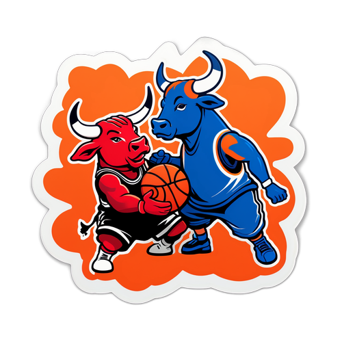 Un autocollant des Bulls et des Knicks se battant pour le ballon avec une touche d'humour
