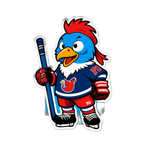 Стикер с забавным птичкой в хоккейной форме и текстом "Для Нью-Джерси!"