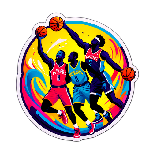 Sticker vibrant représentant une scène de basketball entre les Hornets et les Wizards