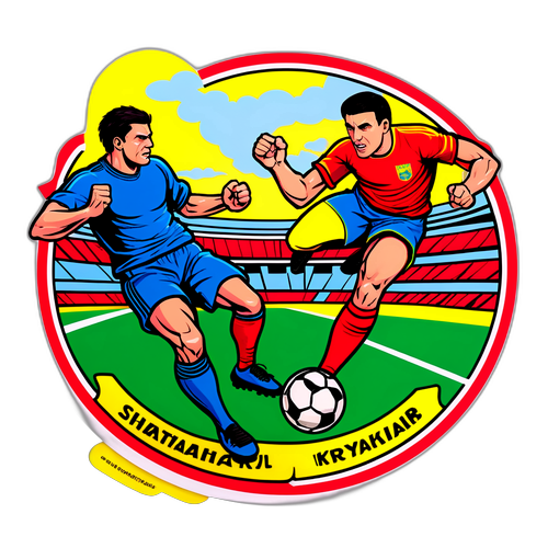 Nálepka s komickými prvky z večerního fotbalu, zachycující rivalitu mezi 'Šachtarem' a 'Kryvbasem'