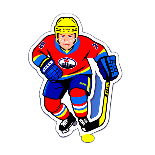 Lekfull klistermärke av miniatyrsuperhjälte i hockeyutrustning