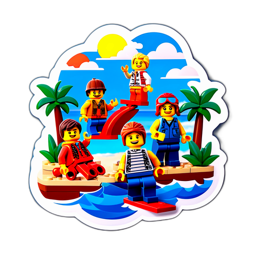 Autocollant ludique avec des personnages Lego construisant une scène de vacances parfaite