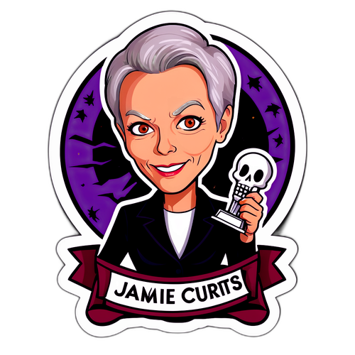 Samolepka Jamie Lee Curtis s oceněním v hororovém pozadí