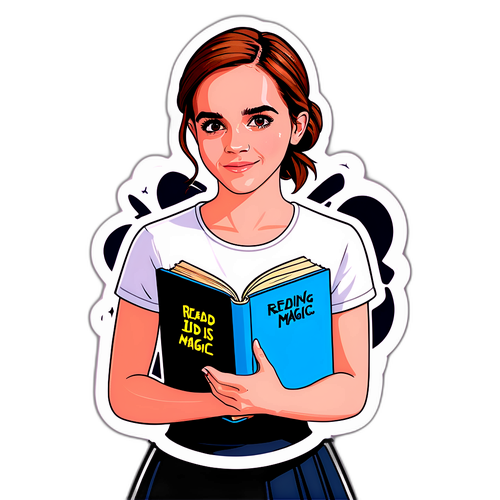 Наклейка с Эмма Уотсон, держащей книгу, с надписью "Чтение — это магия!"