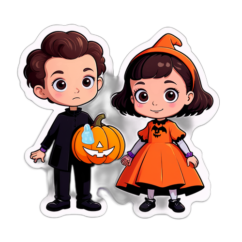 Стикер с мультяшными персонажами Милли Бобби Браун и Ноем Шнаппом в хэллоуинских костюмах