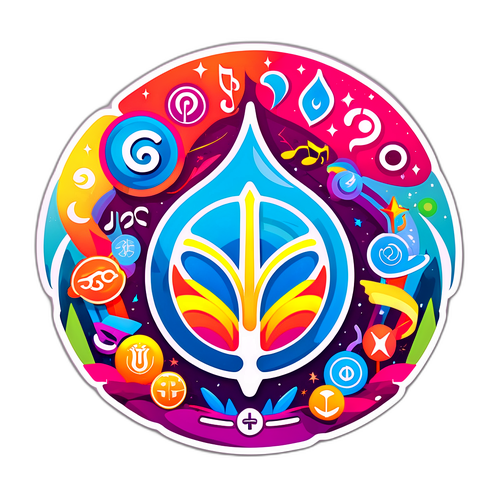 Tomorrowland 2025 logo színes zenei szimbólumokkal és fesztivál elemekkel