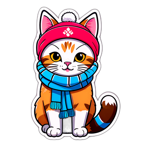 Pisică drăguță cu pălărie de schi și eșarfă