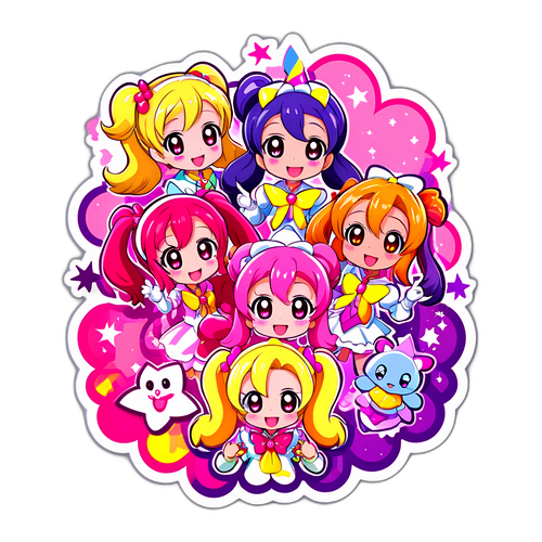 プリキュアのキャラクターたちがパーティーを楽しむ楽しいデザイン