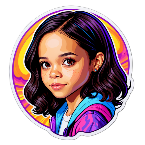 Porte estilizado de Jenna Ortega em fundo psicodélico