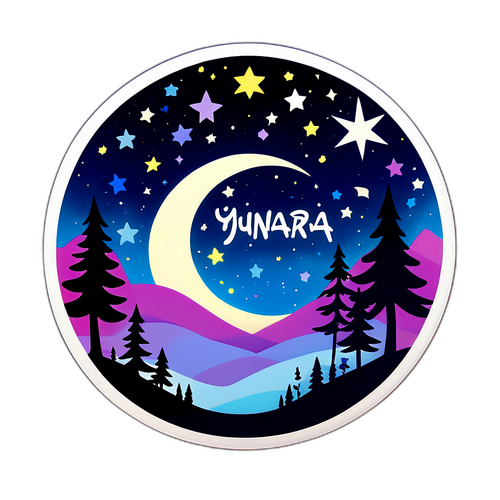 Magická noční scéna s slovy 'Yunara' a stylizovanými hvězdami