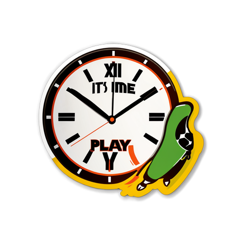 Sticker de un reloj mostrando la hora de un partido de fútbol, con el texto '¡Es Hora de Jugar!'