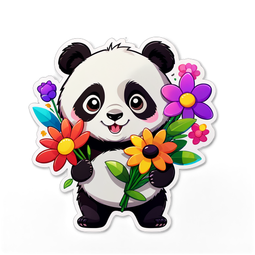 Cute Cartoon Panda Holding Colorful Flowers