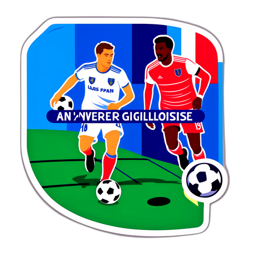 Sticker met een voetbalveld waar spelers van Antwerpen en Union Saint-Gilloise elkaar ontmoeten
