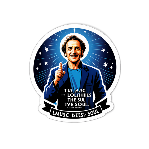 Une sticker de Laurent Voulzy avec un halo de lumière et la citation 'La musique apaise l'âme'