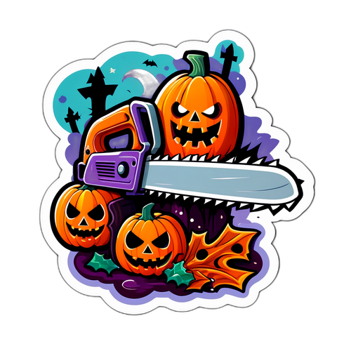 Halloween-inspirerad klistermärke med en tecknad motorsåg
