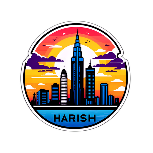 מדבקה של העיר הריש עם נופי שקיעה ואייקוני מגדלים