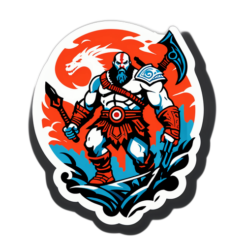 Crea un adesivo che mostra armi iconiche e creature mitiche dal universo di 'God of War'