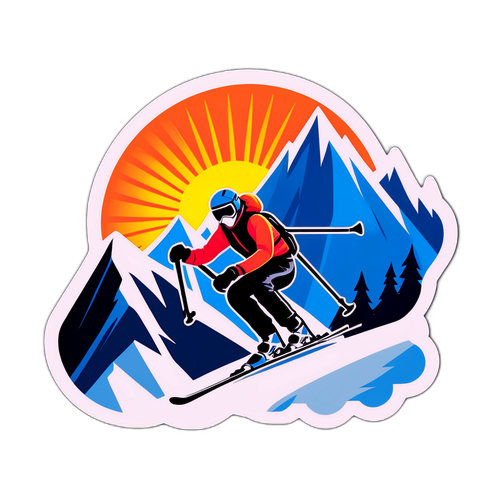 Adesivo di Sci Alpino con Montagne e Sciatore