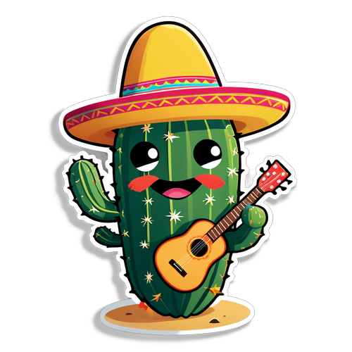 卡通风格仙人掌戴着墨西哥帽拿着吉他