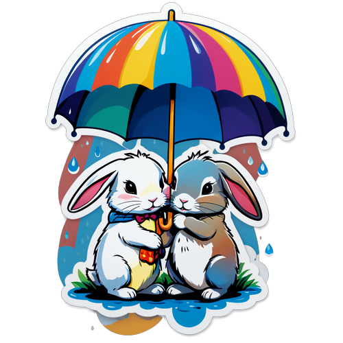 Découvrez le Sticker Adorable de Deux Lapins Blottis Sous un Parapluie Coloré !