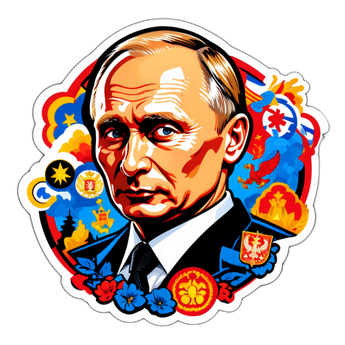 Яскравий наліпка Путіна в карикатурному стилі, оточений елементами російської культури