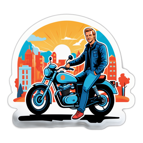 Tarra Max Westergårdista moottoripyörän päällä kaupunkimaisemassa