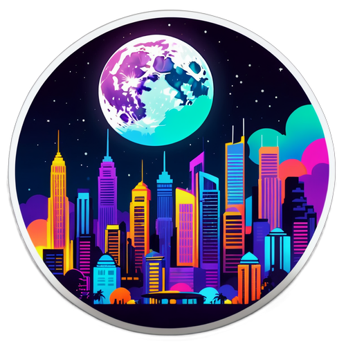 Vibrant Nighttime Cityscape with Full Moon