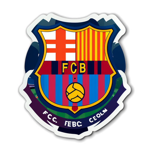 Stilisierte Aufkleber von Barcelona mit Silhouette des Stadions und dem Text 'FC Barcelona'