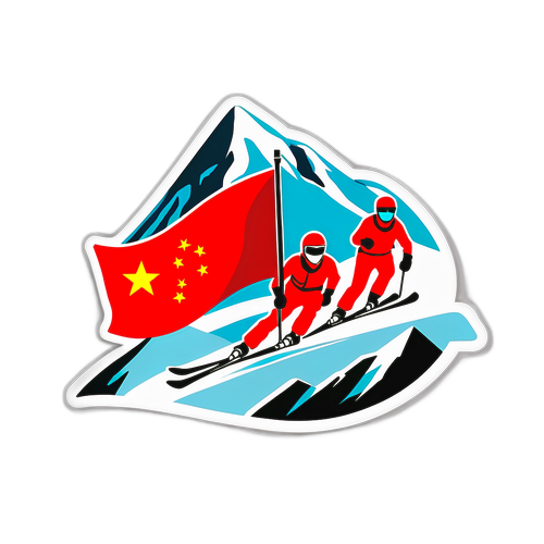 冬季滑雪度假村滑雪者与中国红旗