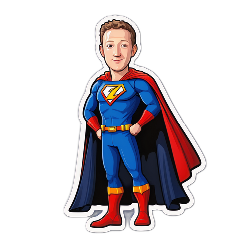 Retrato humorístico de Mark Zuckerberg como super-herói da tecnologia