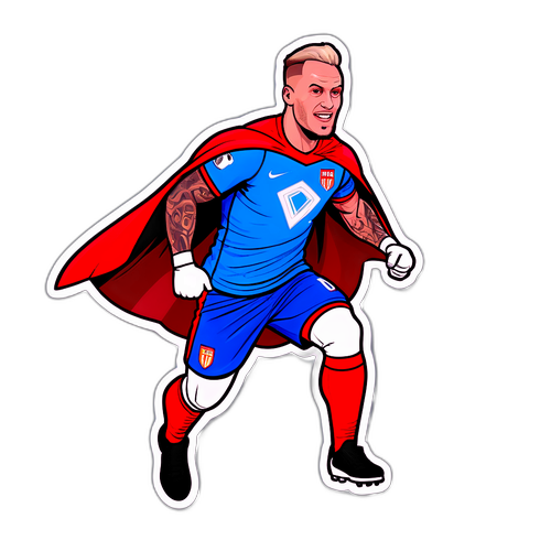Ein lustiges Bild eines Fußballspielers, der sich in einen Superhelden verwandelt