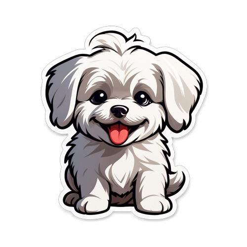 Een sticker van een blije Maltese puppy die speelt in de zon