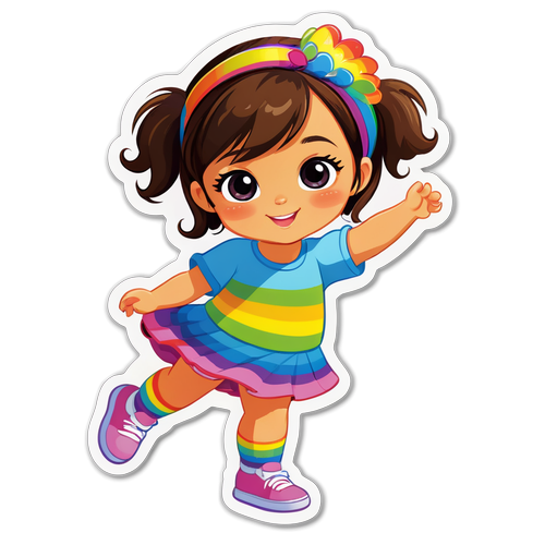 小女孩戴着头带在彩虹上跳舞