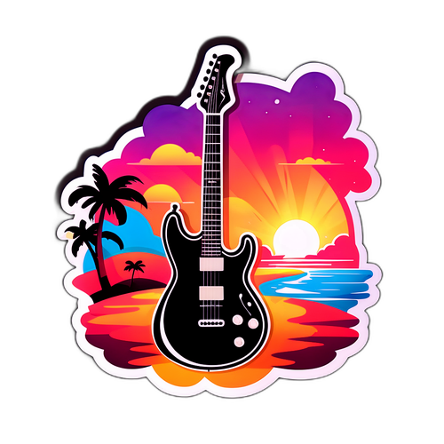 Stijlvol ontwerp door Alexis Magner met een gitaar en een zonsondergang op de achtergrond