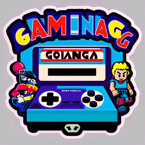 Sticker van een retro gameconsole met actiefiguren en de tekst 'Gaming Nostalgia'