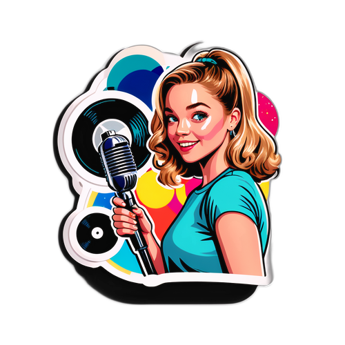 Farverig og livlig sticker af Sydney Sweeney med retro mikrofon