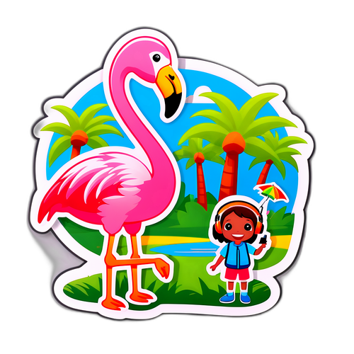Стикер с фламинго-дронем, играющим в парке с детьми