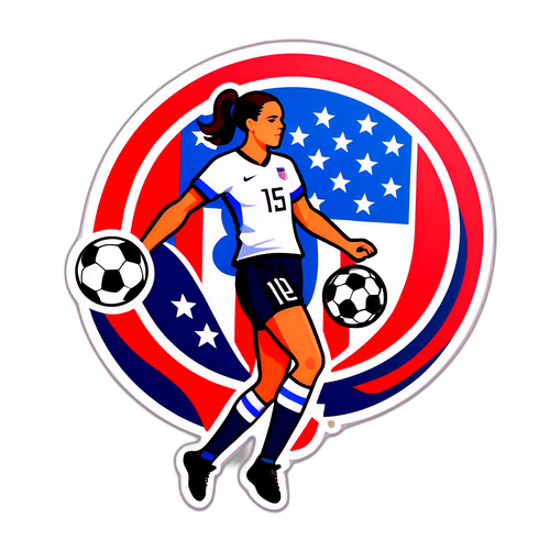 Design an empowering sticker for the USWNT with their emblem and a strong feminine figure kicking a soccer ball.