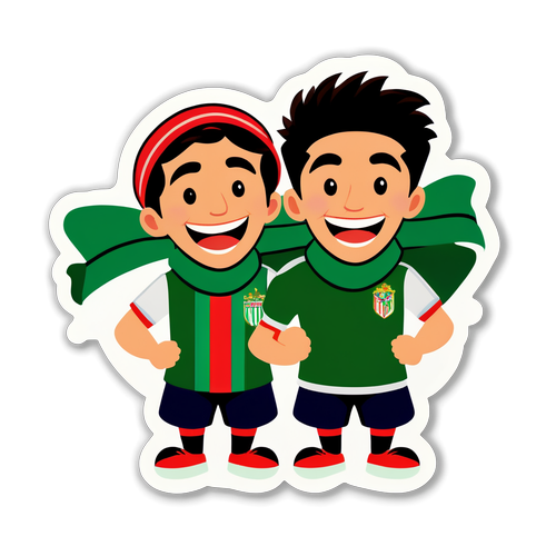 Ilustrace zápasu Betis – Osasuna s šťastnými tvářemi a barevnými šálami