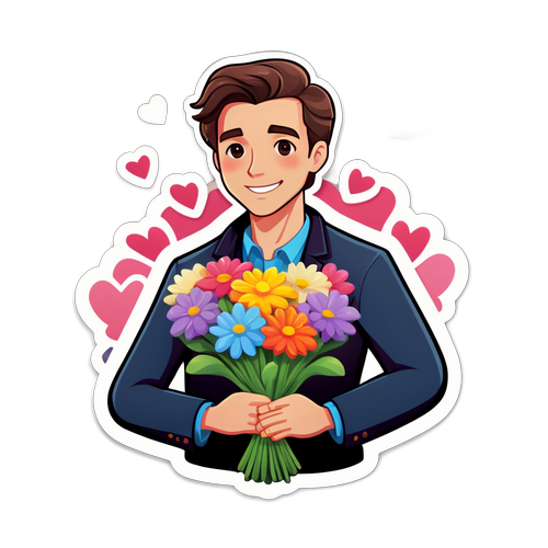 純粋な心を持つ男性が花束を持っているロマンティックなステッカー