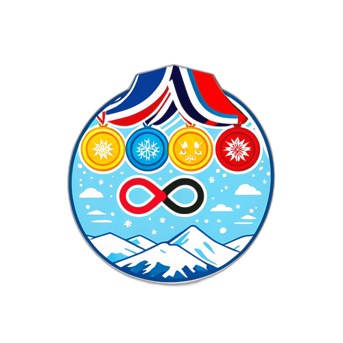 Een sticker met de belangrijkste medailles van de Olympische Spelen omringd door een sneeuwspoor