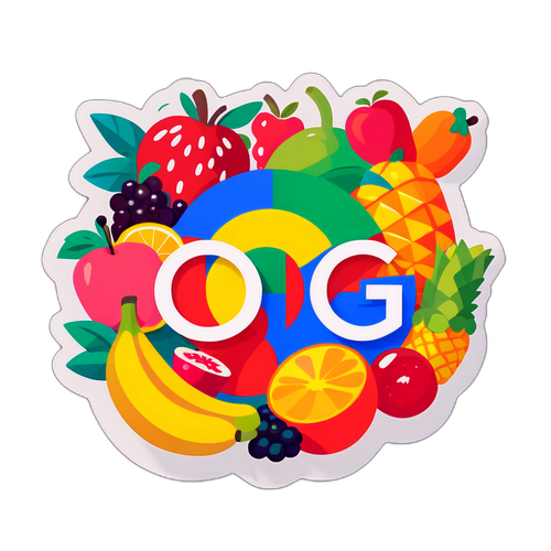 Логотип Google с яркими цветами и фруктами вокруг