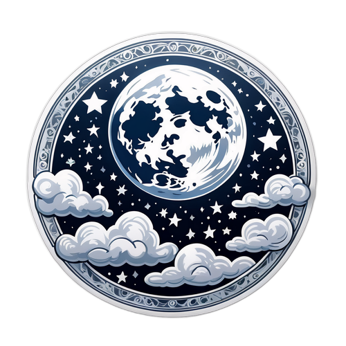 Ein mystisches Vollmondszenario mit silbernen Wolken- und Stardesigns