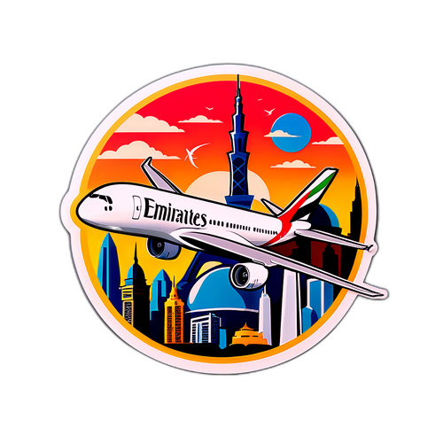 Emirates-tema klistremerke med fly og landemerker