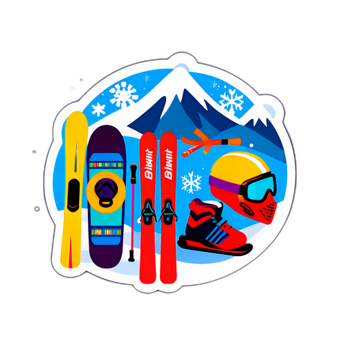Autocolant colorat cu echipament de schi pe fundal de zăpadă