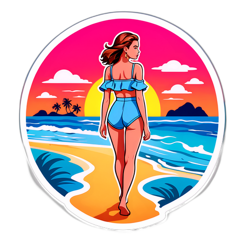 Sticker cu Barbara Palvin pe plajă admirând apusul