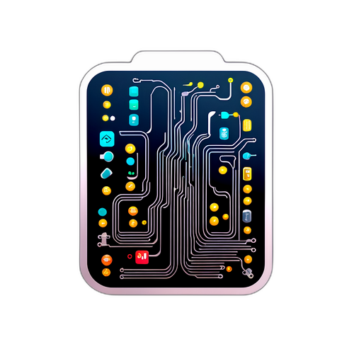 Sticker représentant une mise à jour technologique avec des symboles iOS flottants et des circuits imprimés